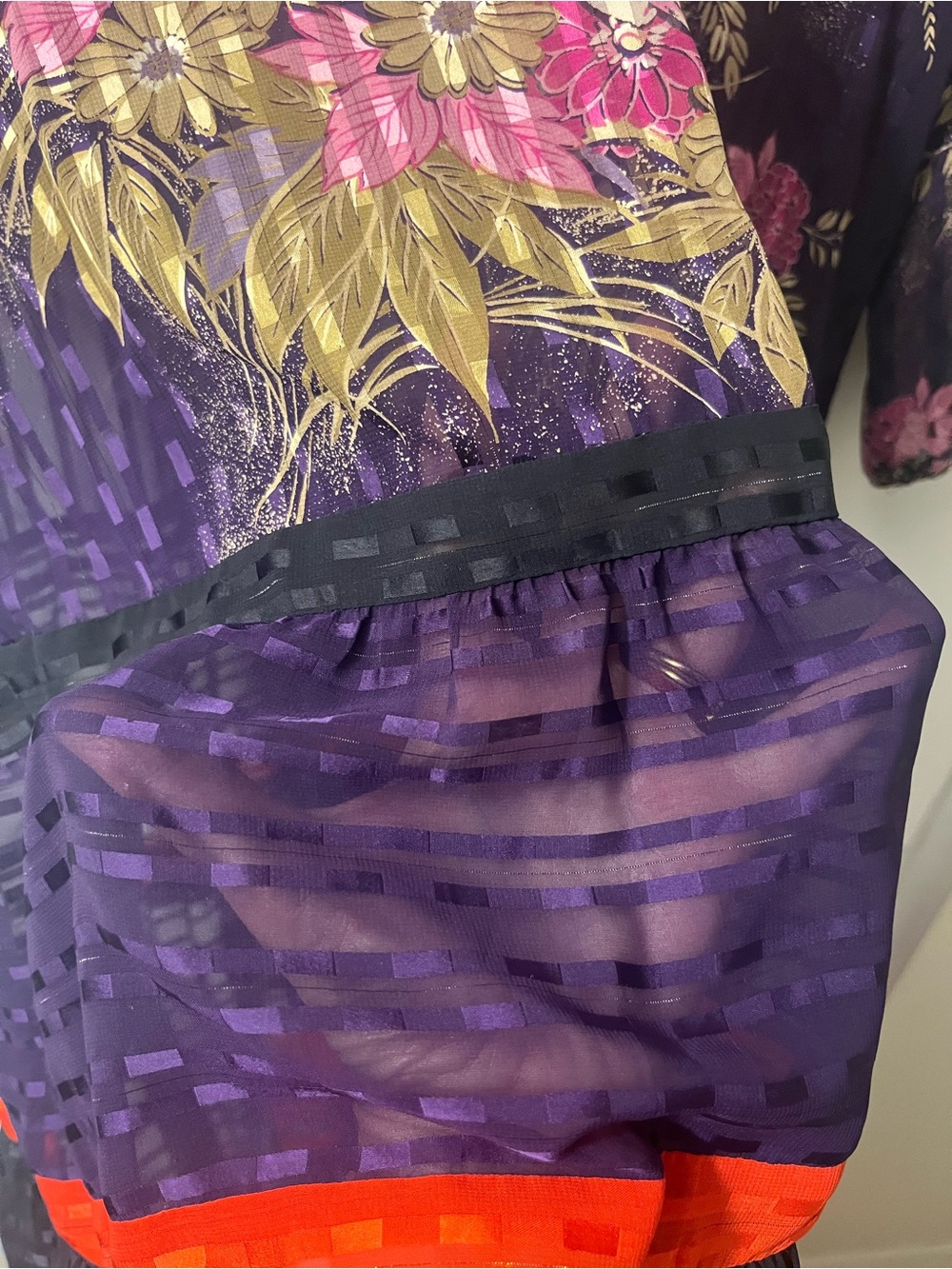 Vintage Sheer Purple Floral Maxi Dress with Pink Blooms and Red Trim - Picture 4 of 5